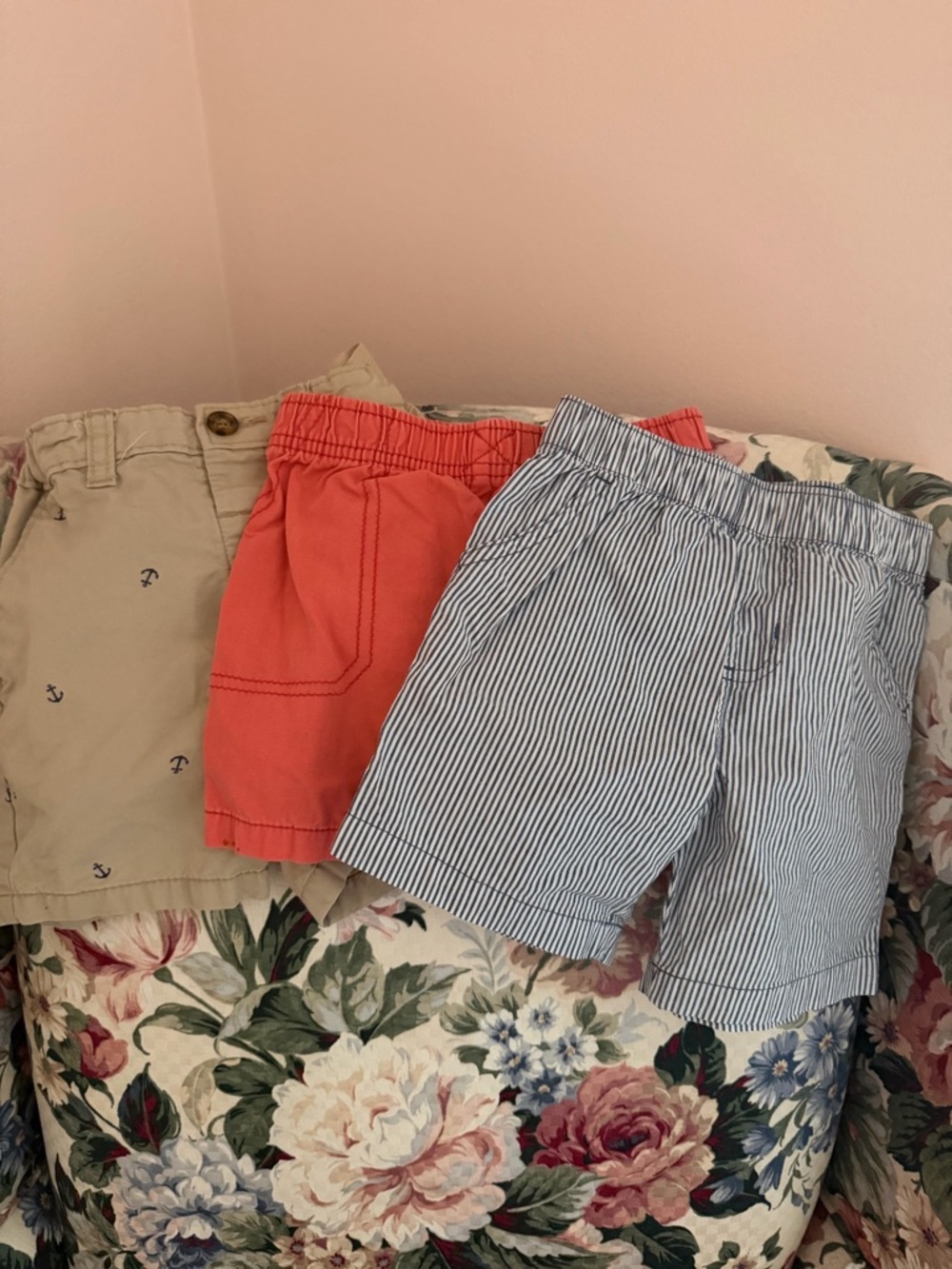 Carter's Three-Pack Shorts in Coral, Navy Stripe & Khaki